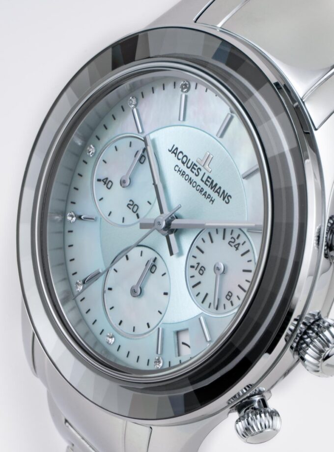 Montre Femme Jacques Lemans - Venise Chronographe, Acier Inoxydable Argent, Cadran Nacre, Affichage Date, Etanche 50 Mètres, Mouvement TMI VD53C - Réf. 1-2151K