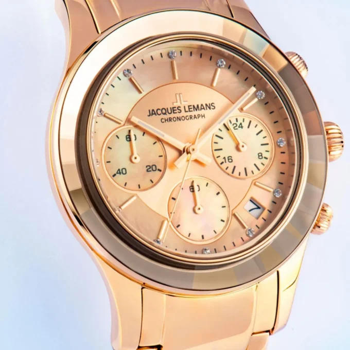 Montre Chronographe Femme - Jacques Lemans Venice - 38 mm, Quartz, Acier inoxydable doré, 5 ATM, Date - Bracelet acier or - Réf. 1-2151H