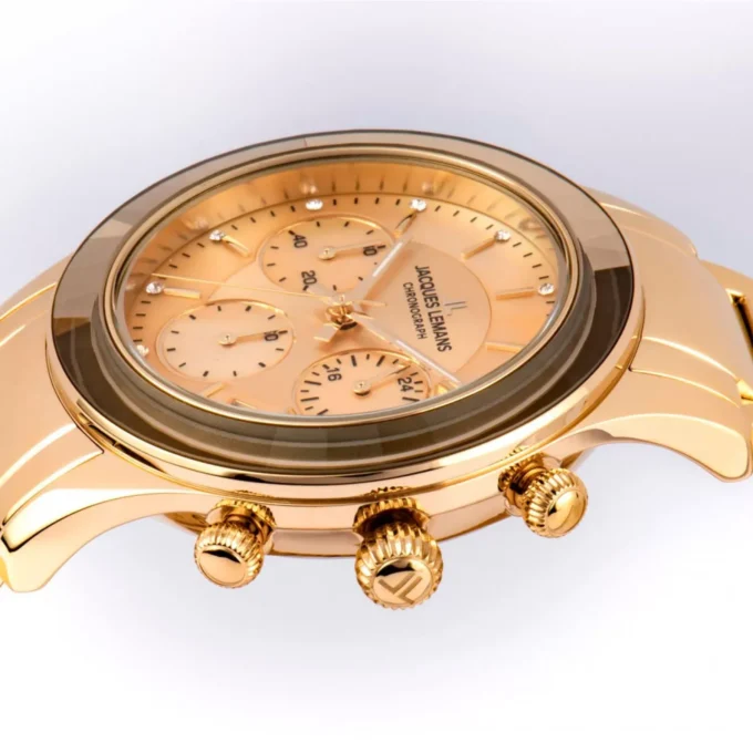 Montre Chronographe Femme - Jacques Lemans Venice - 38 mm, Quartz, Acier inoxydable doré, 5 ATM, Date - Bracelet acier or - Réf. 1-2151H