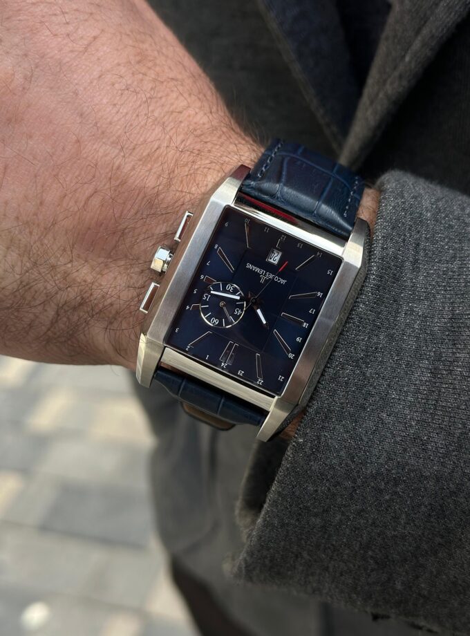 Montre Homme Jacques Lemans - Quartz ISA - 1-2162B – Double Fuseau Horaire, Cadran Bleu Soleil, Boîtier Acier Inox, Bracelet Cuir Noir, Date - 1-2162B