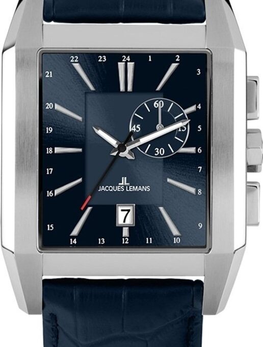 Montre Homme Jacques Lemans - Quartz ISA - 1-2162B – Double Fuseau Horaire, Cadran Bleu Soleil, Boîtier Acier Inox, Bracelet Cuir Noir, Date - 1-2162B