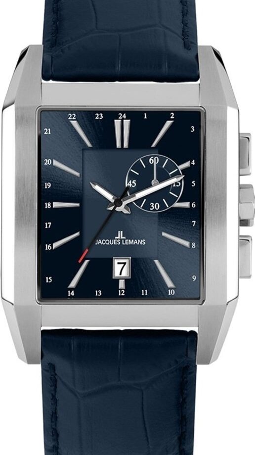 Montre Homme Jacques Lemans - Quartz ISA - 1-2162B – Double Fuseau Horaire, Cadran Bleu Soleil, Boîtier Acier Inox, Bracelet Cuir Noir, Date - 1-2162B