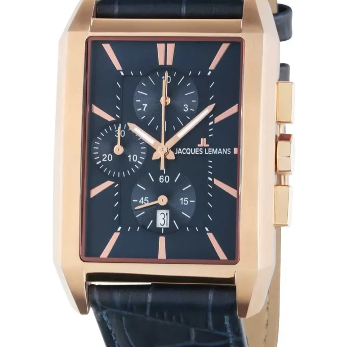 Montre Chronographe Homme - Jacques Lemans - Torino 34mm - Quartz Acier Or rose - Cadran Bleu - Bracelet Cuir - Étanche 50 Mètres - 1-2161.1G