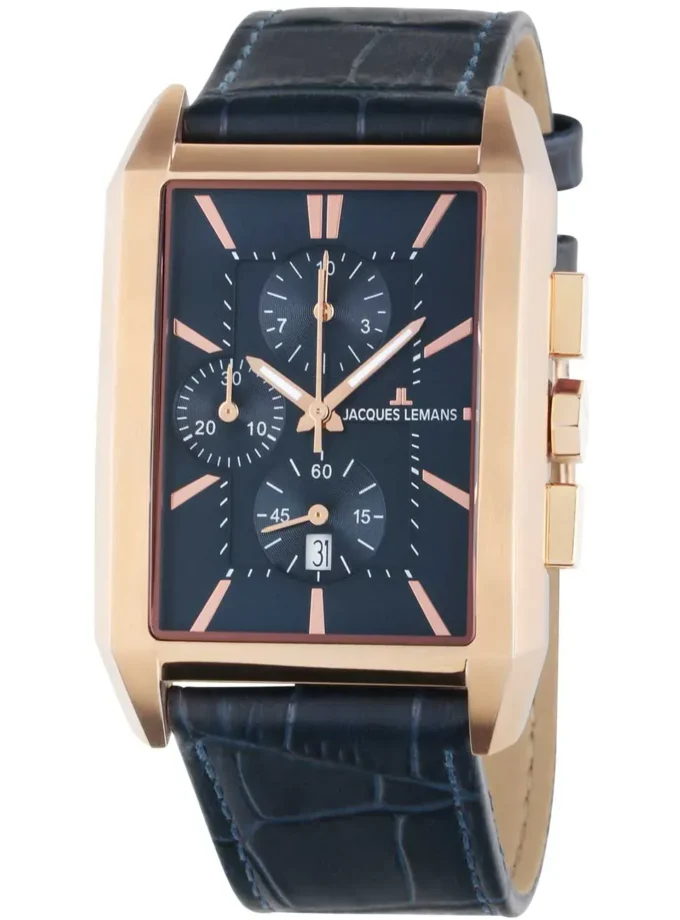 Montre Chronographe Homme - Jacques Lemans - Torino 34mm - Quartz Acier Or rose - Cadran Bleu - Bracelet Cuir - Étanche 50 Mètres - 1-2161.1G