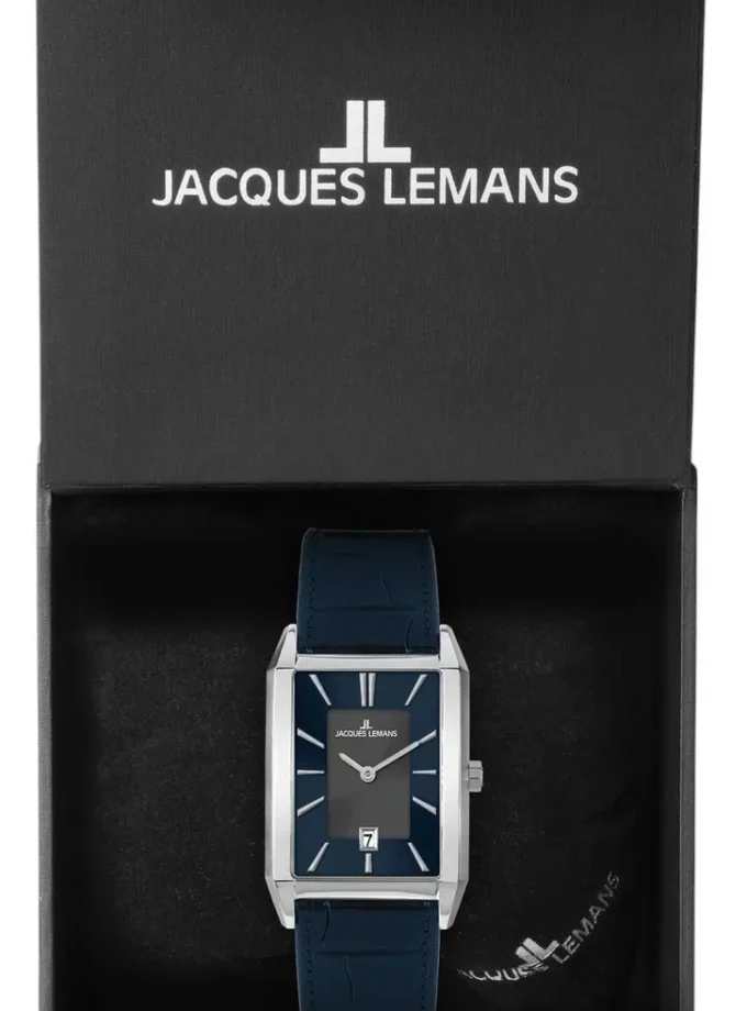Montre Homme Jacques Lemans 1-2160.1E Turin – Quartz, Cadran Bleu Soleillé, Boîtier Rectangulaire Acier 52 mm, Bracelet Cuir, Étanche 50 Mètres - 1-2160.1E