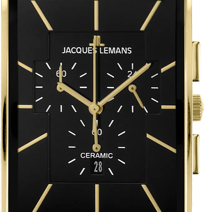 Montre Homme Jacques Lemans Chronographe Quartz, Verre Saphir, Bracelet Céramique et Acier, Boîtier Or et Acier, Cadran Noir, 50m Étanche, Ref 1-1900C
