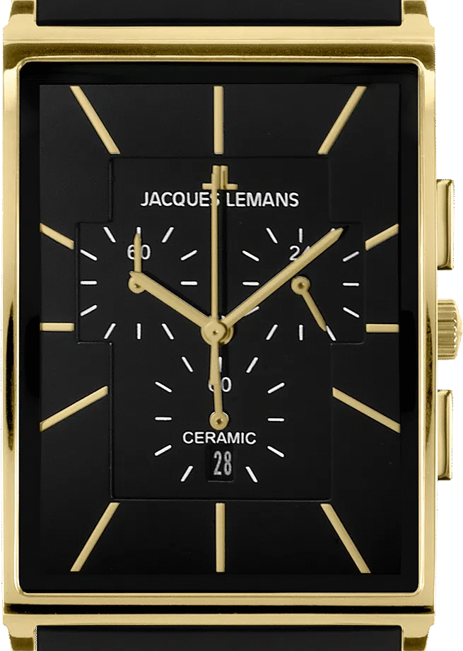 Montre Homme Jacques Lemans Chronographe Quartz, Verre Saphir, Bracelet Céramique et Acier, Boîtier Or et Acier, Cadran Noir, 50m Étanche, Ref 1-1900C
