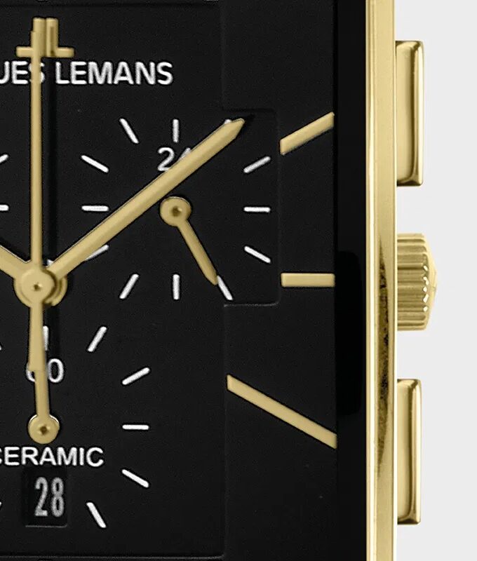 Montre Homme Jacques Lemans Chronographe Quartz, Verre Saphir, Bracelet Céramique et Acier, Boîtier Or et Acier, Cadran Noir, 50m Étanche, Ref 1-1900C