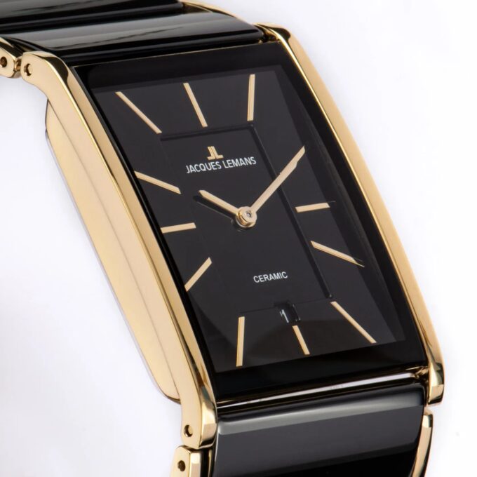 Montre Homme Jacques Lemans Dublin 1-1939E – Quartz, Boîtier Rectangulaire Doré 28 mm, Cadran Noir, Verre Saphir, Bracelet Acier & Céramique Or/Noir, Étanche 50 Mètres