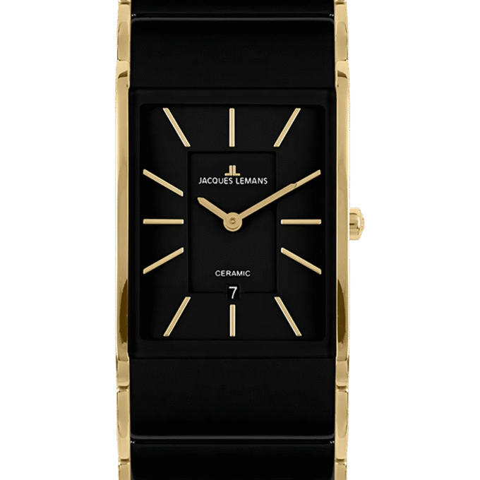Montre Homme Jacques Lemans Dublin 1-1939E – Quartz, Boîtier Rectangulaire Doré 28 mm, Cadran Noir, Verre Saphir, Bracelet Acier & Céramique Or/Noir, Étanche 50 Mètres