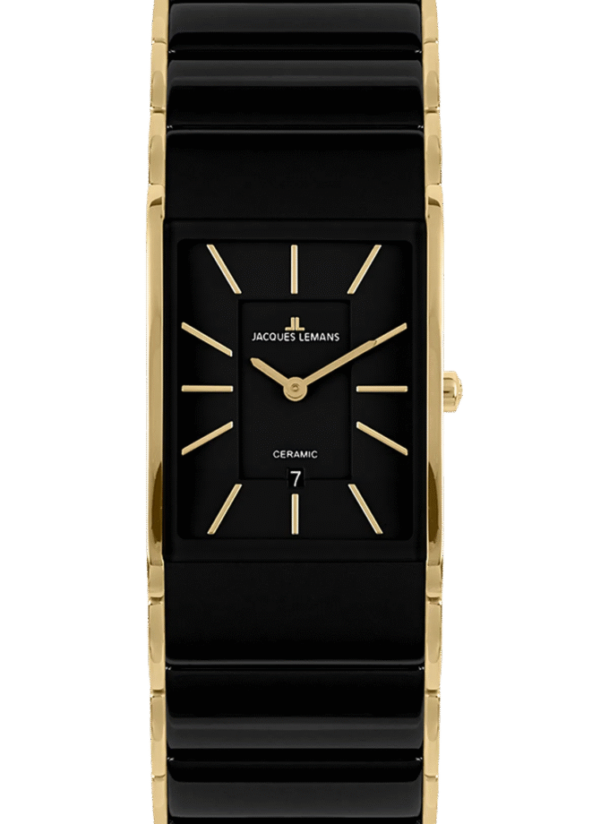 Montre Homme Jacques Lemans Dublin 1-1939E – Quartz, Boîtier Rectangulaire Doré 28 mm, Cadran Noir, Verre Saphir, Bracelet Acier & Céramique Or/Noir, Étanche 50 Mètres