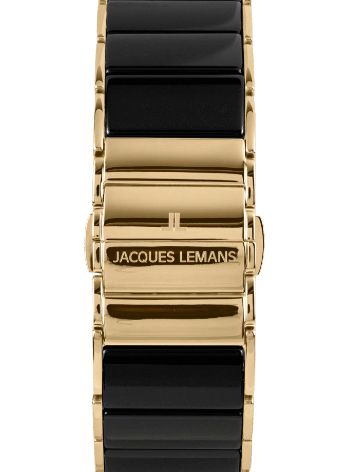 Montre Homme Jacques Lemans Dublin 1-1939E – Quartz, Boîtier Rectangulaire Doré 28 mm, Cadran Noir, Verre Saphir, Bracelet Acier & Céramique Or/Noir, Étanche 50 Mètres