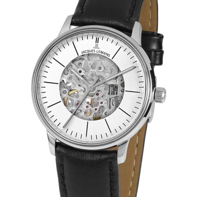 Homme Mécanique Jacques Lemans – Acier Inoxydable Argenté, Cadran Argenté, Bracelet Cuir Noir, Verre Minéral, Ø 38 mm - N-207ZA