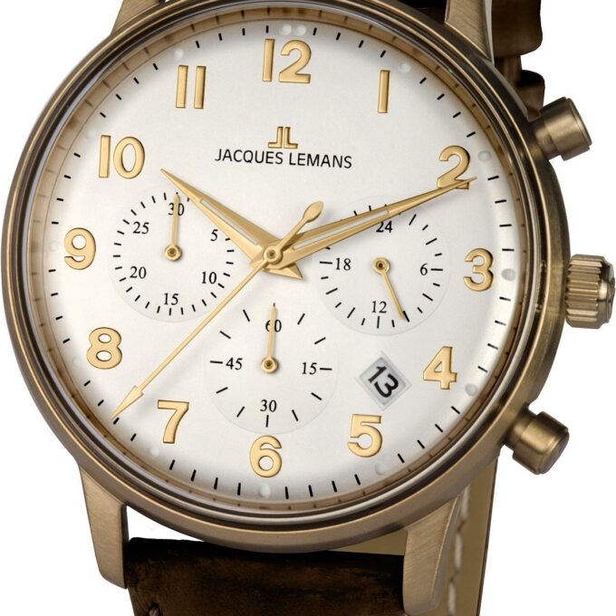 Montre chronographe homme - Jacques Lemans - Quartz, Acier inoxydable, Bracelet cuir brun, Cadran beige, Verre plastique - 39mm - Réf. N-209ZL