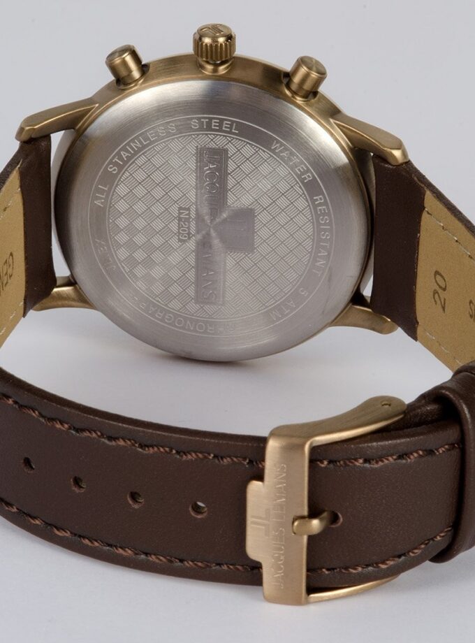 Montre chronographe homme - Jacques Lemans - Quartz, Acier inoxydable, Bracelet cuir brun, Cadran beige, Verre plastique - 39mm - Réf. N-209ZL