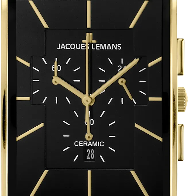 Montre Homme Jacques Lemans Chronographe Quartz, Verre Saphir, Bracelet Céramique et Acier, Boîtier Or et Acier, Cadran Noir, 50m Étanche, Ref 1-1900C
