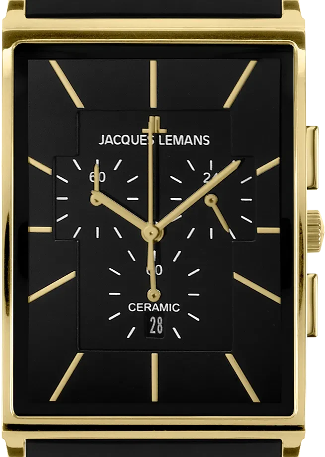 1 1900c / marque: jacques lemans genre: homme couleur du boîtier: or type de verre: verre saphir matière du bracelet: céramique matière du bracelet: acier inoxydable Ø mm: 30 couleur du cadran: noir matière du boîtier: acier inoxydable couleur du bracelet: multicolore raffinage: ip enduit fonctions: chronographe type de mouvement: quartz résistance À la pression d'eau: 50 mètres
