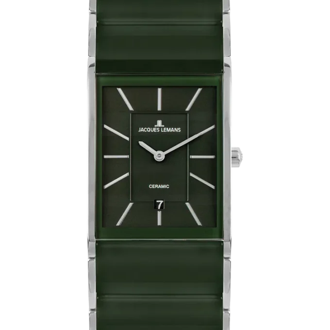 montre homme jacques lemans – quartz, boîtier rectangulaire acier inoxydable argent, cadran bleu foncé, bracelet métal bicolore, date, garantie 2 ans 1 1939g