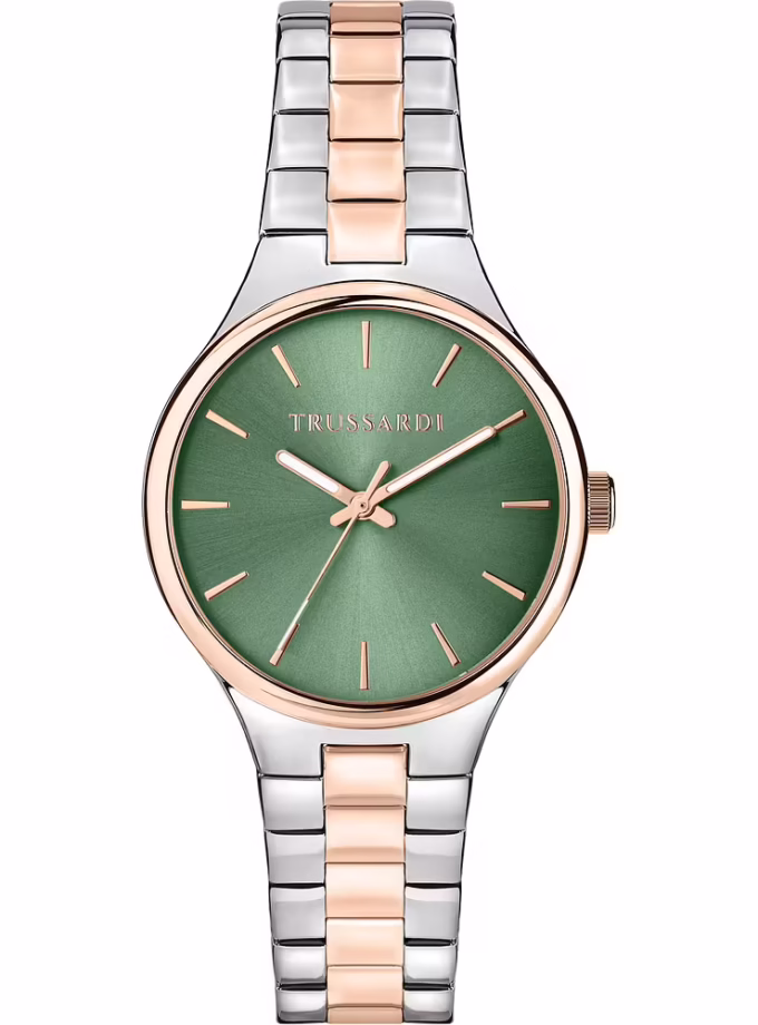montre femme trussardi boucle déployante, boîte d'origine, garantie internationale acier acier/or/vert r2453172503