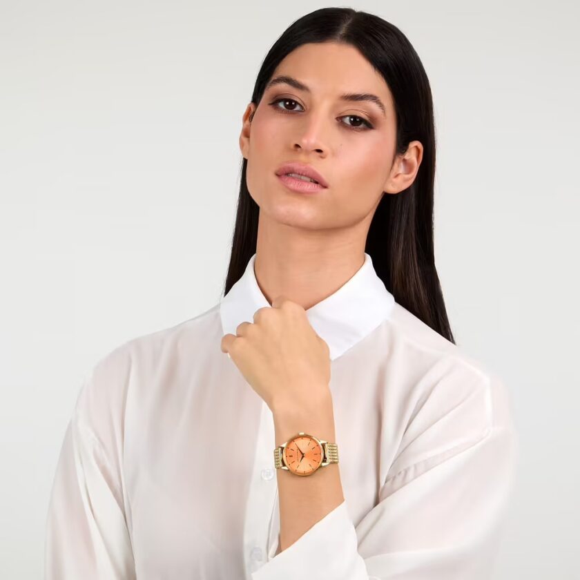 montre quartz femme acier, Étanche 5 atm, affichage analogique, bracelet acier, cadran orange réf. r2453152516