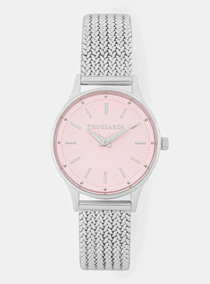 montre femme trussardi acier inoxydable, bracelet métal argent, Étanche, Élégante bracelet argent, cadran rose référence r2453152514