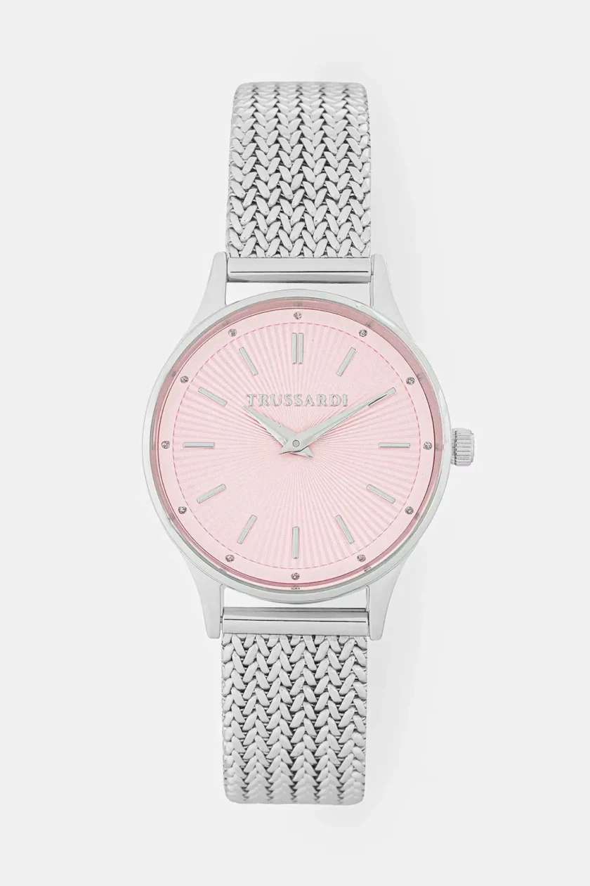 montre femme trussardi acier inoxydable, bracelet métal argent, Étanche, Élégante bracelet argent, cadran rose référence r2453152514