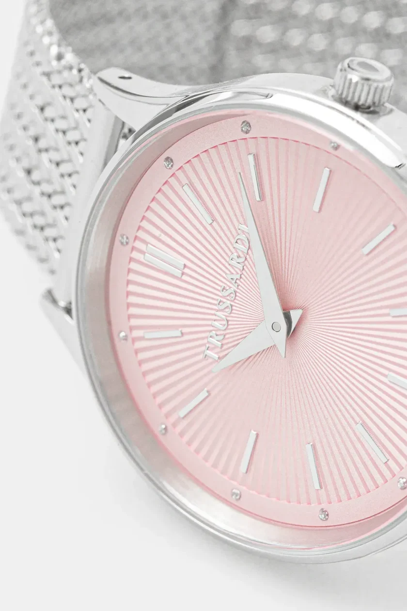 montre femme trussardi acier inoxydable, bracelet métal argent, Étanche, Élégante bracelet argent, cadran rose référence r2453152514