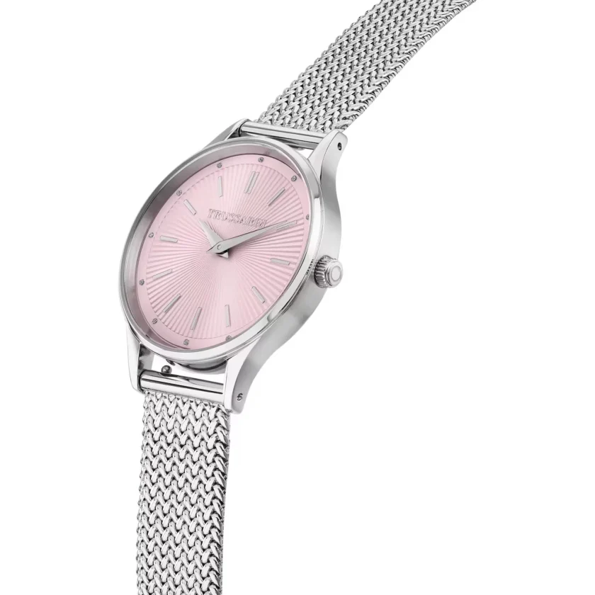 montre femme trussardi acier inoxydable, bracelet métal argent, Étanche, Élégante bracelet argent, cadran rose référence r2453152514