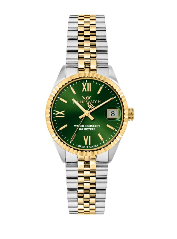 montre femme philip watch caribe heure et date acier inoxydable, 31 mm, cristal de saphir, traitement antireflet, boucle de plongée c, boutons et verrouillage de sécurité Étanche 10 atm, argent r8253597656