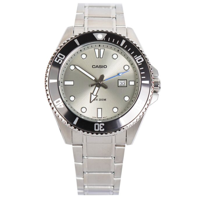 montre homme casio mdv 107d 8avdf acier inoxydable, lunette anti retour, étanche 200m, verre minéral, bracelet acier, précision ±20s/mois, date argenté