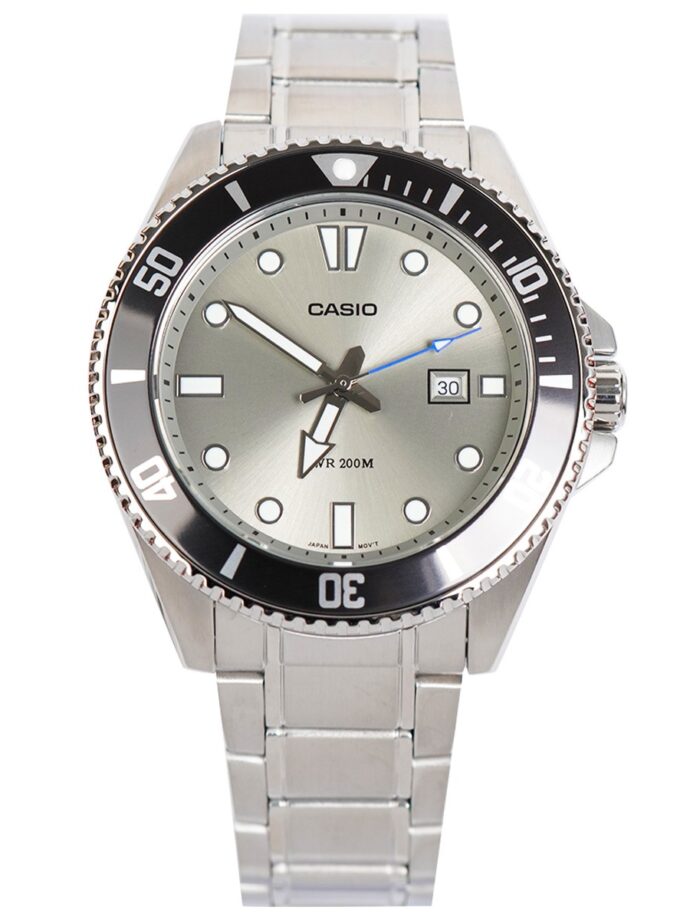 montre homme casio mdv 107d 8avdf acier inoxydable, lunette anti retour, étanche 200m, verre minéral, bracelet acier, précision ±20s/mois, date argenté