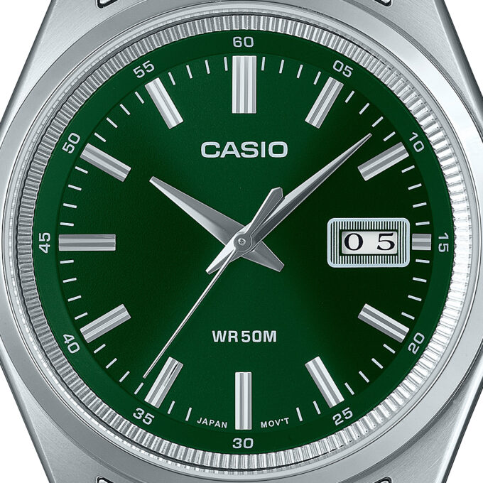 Montre homme Casio MTP-B180D-3AVDF - Acier inoxydable, bracelet métal, verre minéral, étanche 50m, date, précision ±20s/mois - Vert, référence MTP-B180D-3AVDF