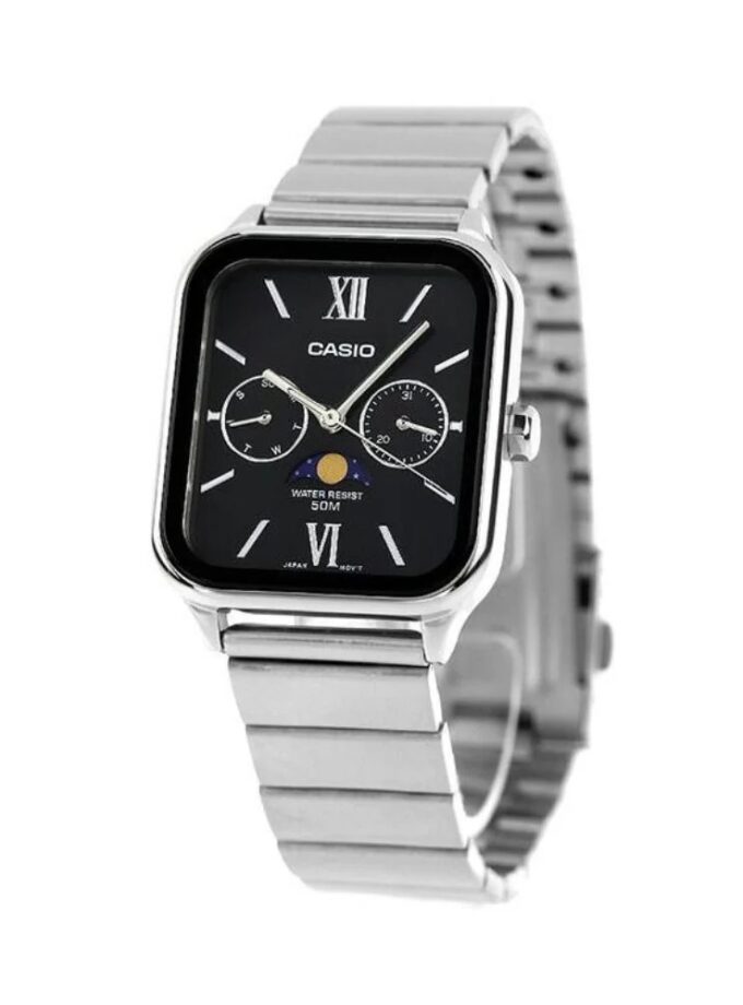 montre homme casio mtp m305d 1avdf – phase de lune, date, jour, acier inoxydable, bracelet acier, verre minéral, 50m étanche