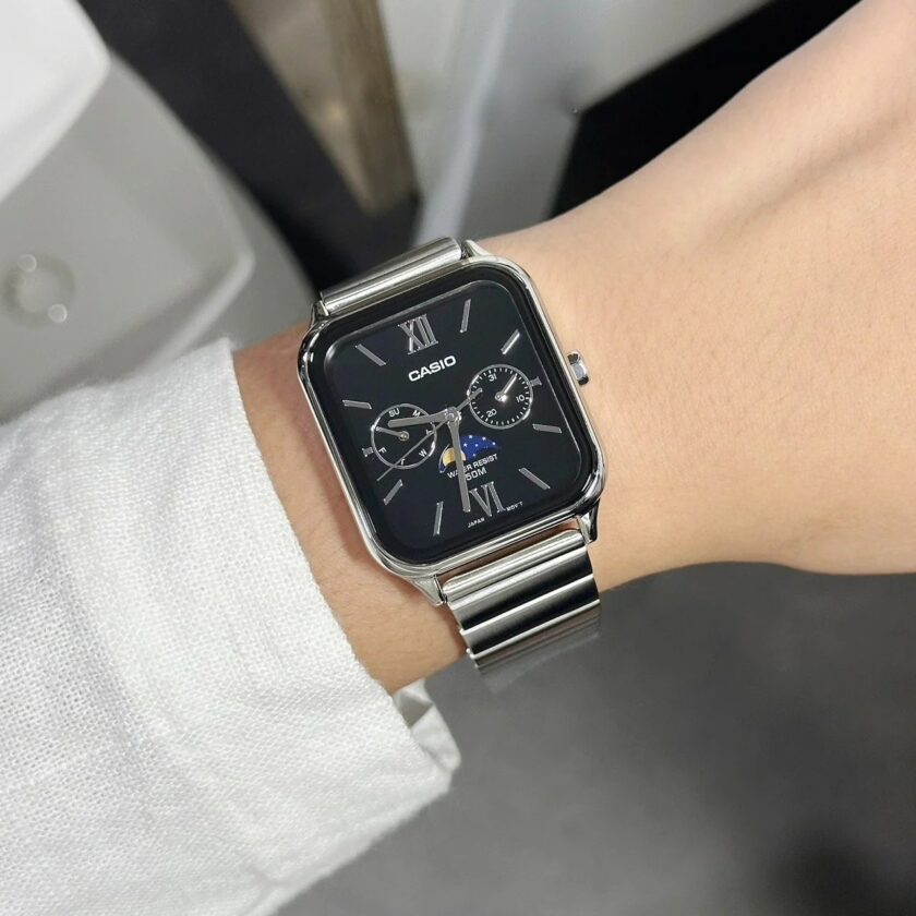 montre homme casio mtp m305d 1avdf – phase de lune, date, jour, acier inoxydable, bracelet acier, verre minéral, 50m étanche