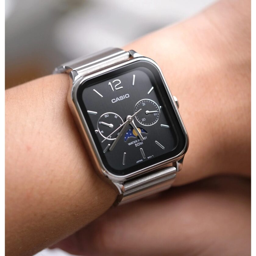 montre homme casio mtp m305d 1avdf – phase de lune, date, jour, acier inoxydable, bracelet acier, verre minéral, 50m étanche