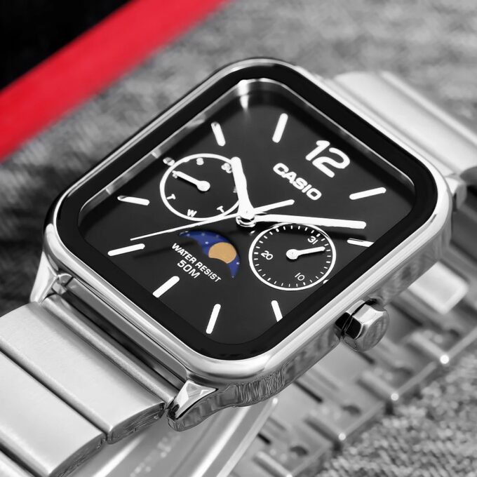 Montre homme Casio MTP-M305D-1AVDF – Phase de lune, Date, Jour, Acier inoxydable, Bracelet acier, Verre minéral, 50m étanche