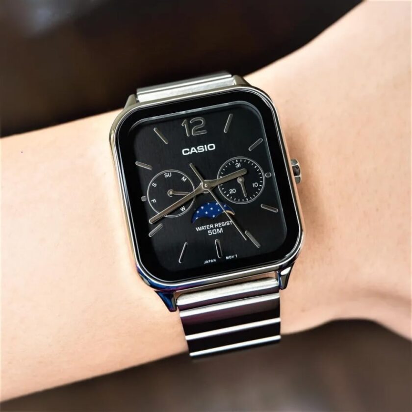 montre homme casio mtp m305d 1avdf – phase de lune, date, jour, acier inoxydable, bracelet acier, verre minéral, 50m étanche