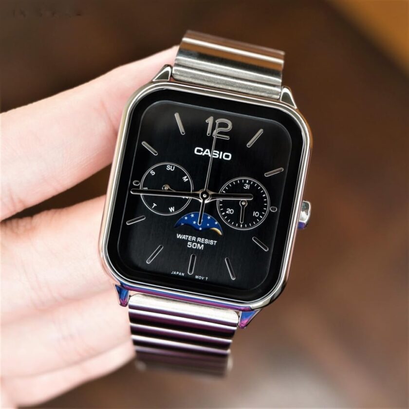 montre homme casio mtp m305d 1avdf – phase de lune, date, jour, acier inoxydable, bracelet acier, verre minéral, 50m étanche