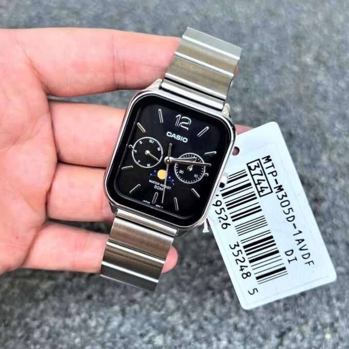 Montre homme Casio MTP-M305D-1AVDF – Phase de lune, Date, Jour, Acier inoxydable, Bracelet acier, Verre minéral, 50m étanche