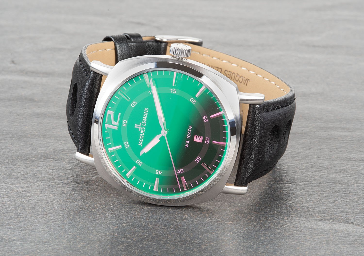 montre homme jacques lemans quartz 10 atm, boîtier acier argent 42 mm, cadran vert, bracelet cuir noir, verre minéral – réf. 1 1943j