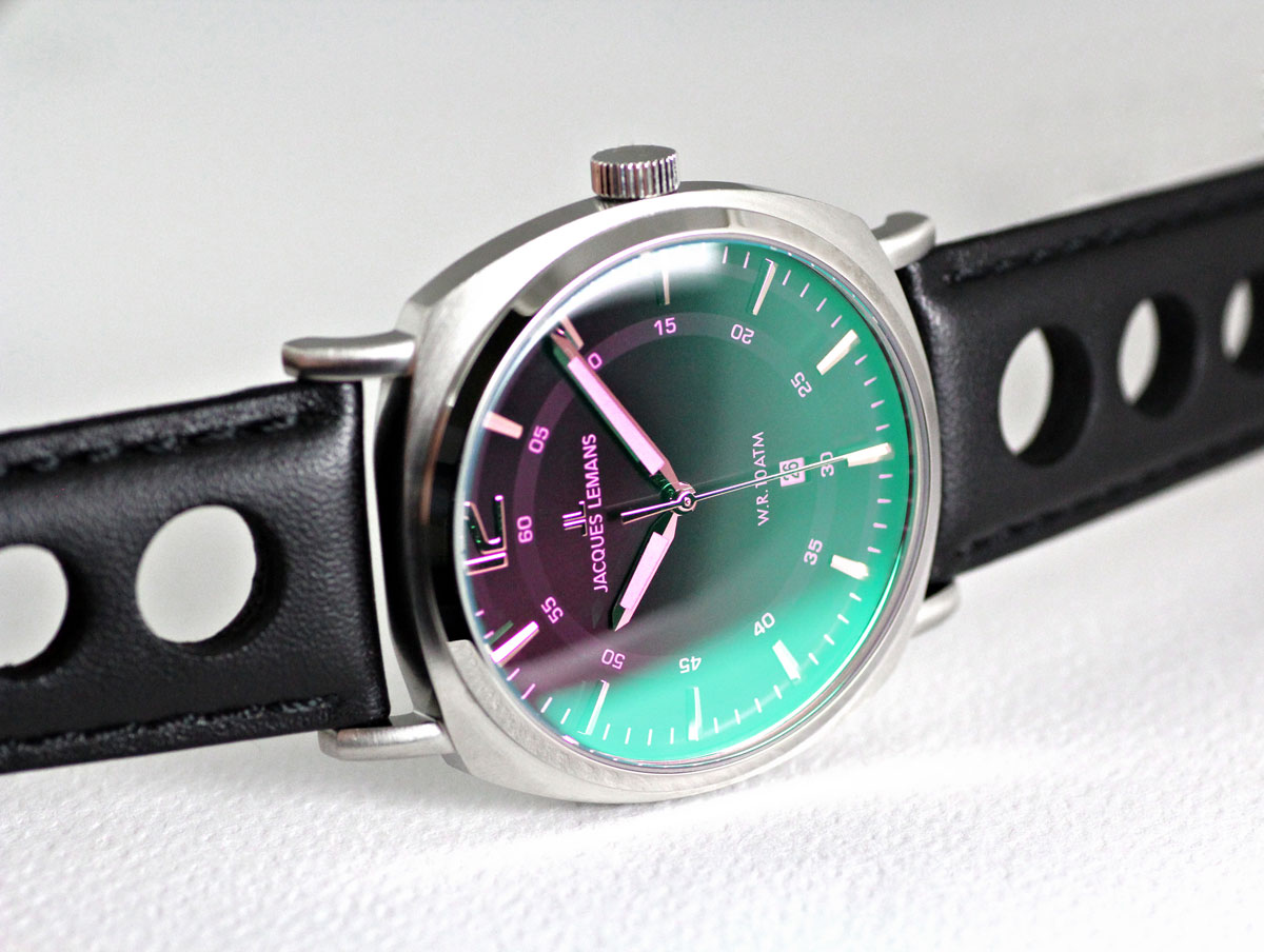 montre homme jacques lemans quartz 10 atm, boîtier acier argent 42 mm, cadran vert, bracelet cuir noir, verre minéral – réf. 1 1943j