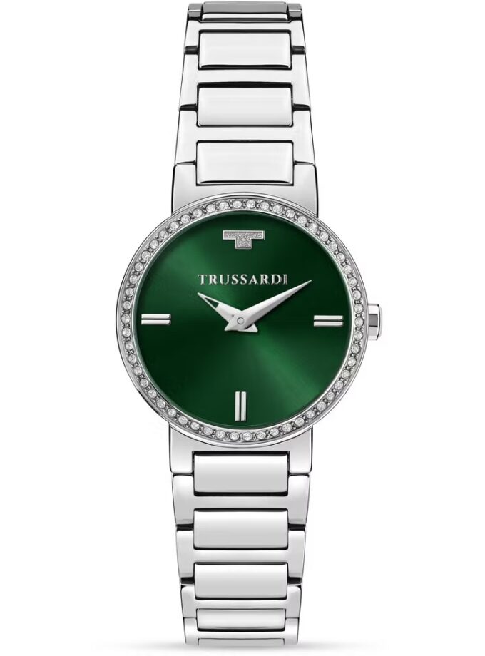 montre femme trussardi t bridge, acier argent, cadran vert, etanche 50m, boîte d’origine, garantie internationale r2453171501
