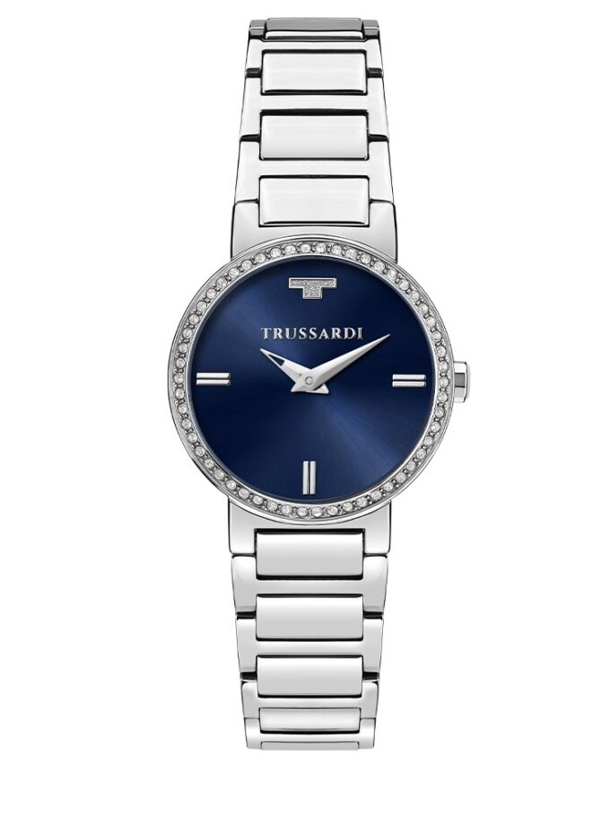 montre femme trussardi t bridge – acier poli, boîtier 28 mm, bracelet argent, verre minéral, etanchéité 5 atm, boucle déployante – garantie 2 ans – r2453171502
