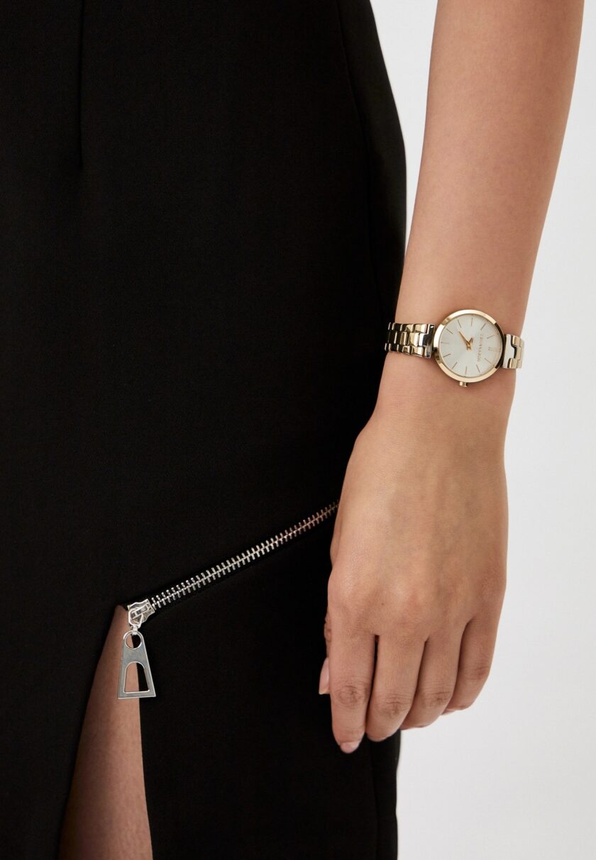montre femme trussardi loud acier inoxydable, cadran rond blanc 30mm, bracelet bi couleur doré, résistante 50 mètres r2453164507