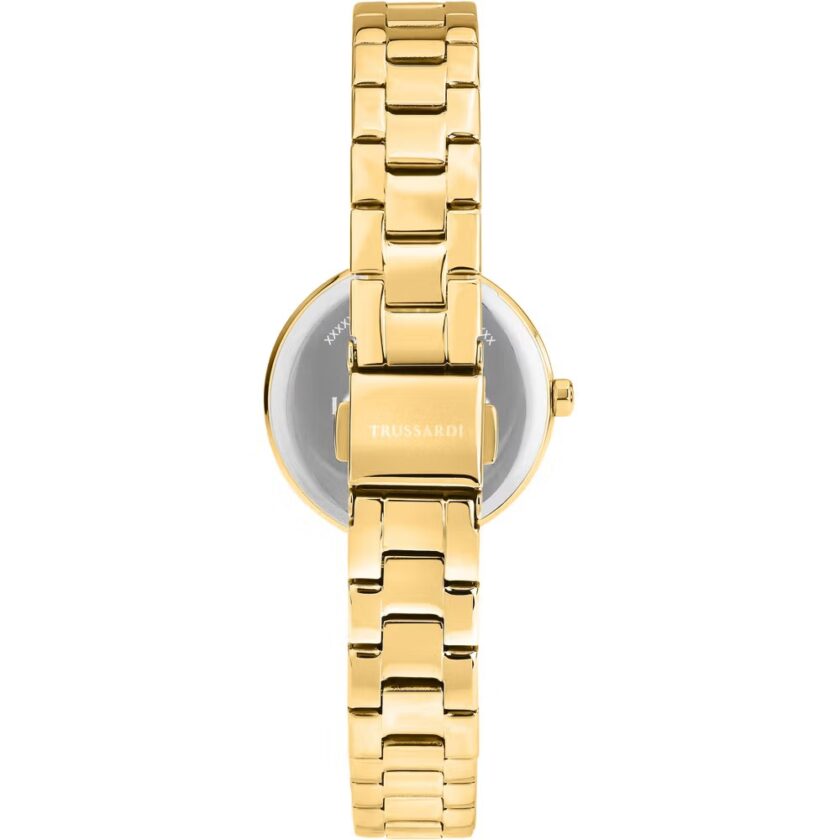 montre femme trussardi loud acier inoxydable, cadran rond blanc 30mm, bracelet bi couleur doré, résistante 50 mètres r2453164507