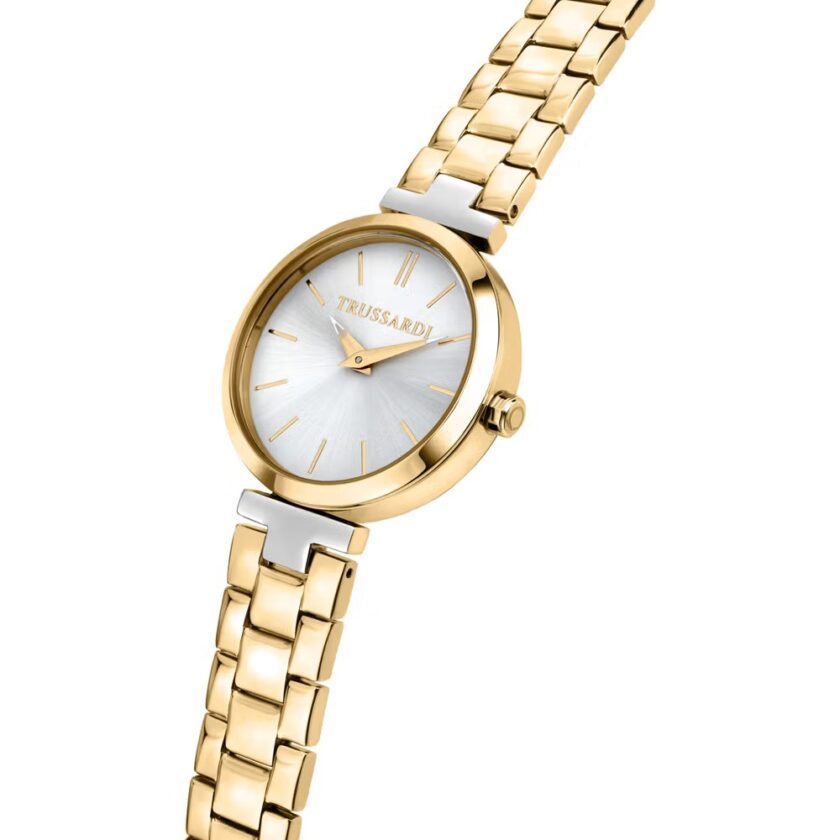 montre femme trussardi loud acier inoxydable, cadran rond blanc 30mm, bracelet bi couleur doré, résistante 50 mètres r2453164507