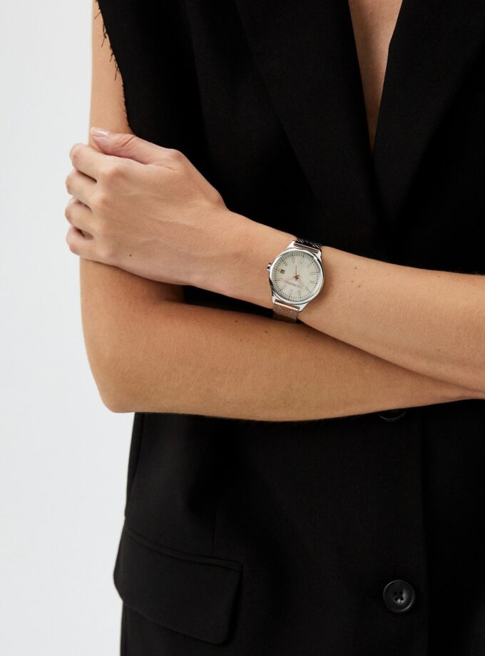 montre femme city life quartz miyota acier inoxydable argenté/rose doré, bracelet milanais, etanche 50 mètres, cadran blanc, 35 mm r2453170505