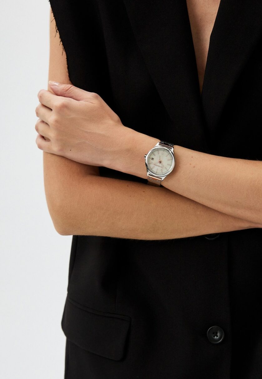 montre femme city life quartz miyota acier inoxydable argenté/rose doré, bracelet milanais, etanche 50 mètres, cadran blanc, 35 mm r2453170505