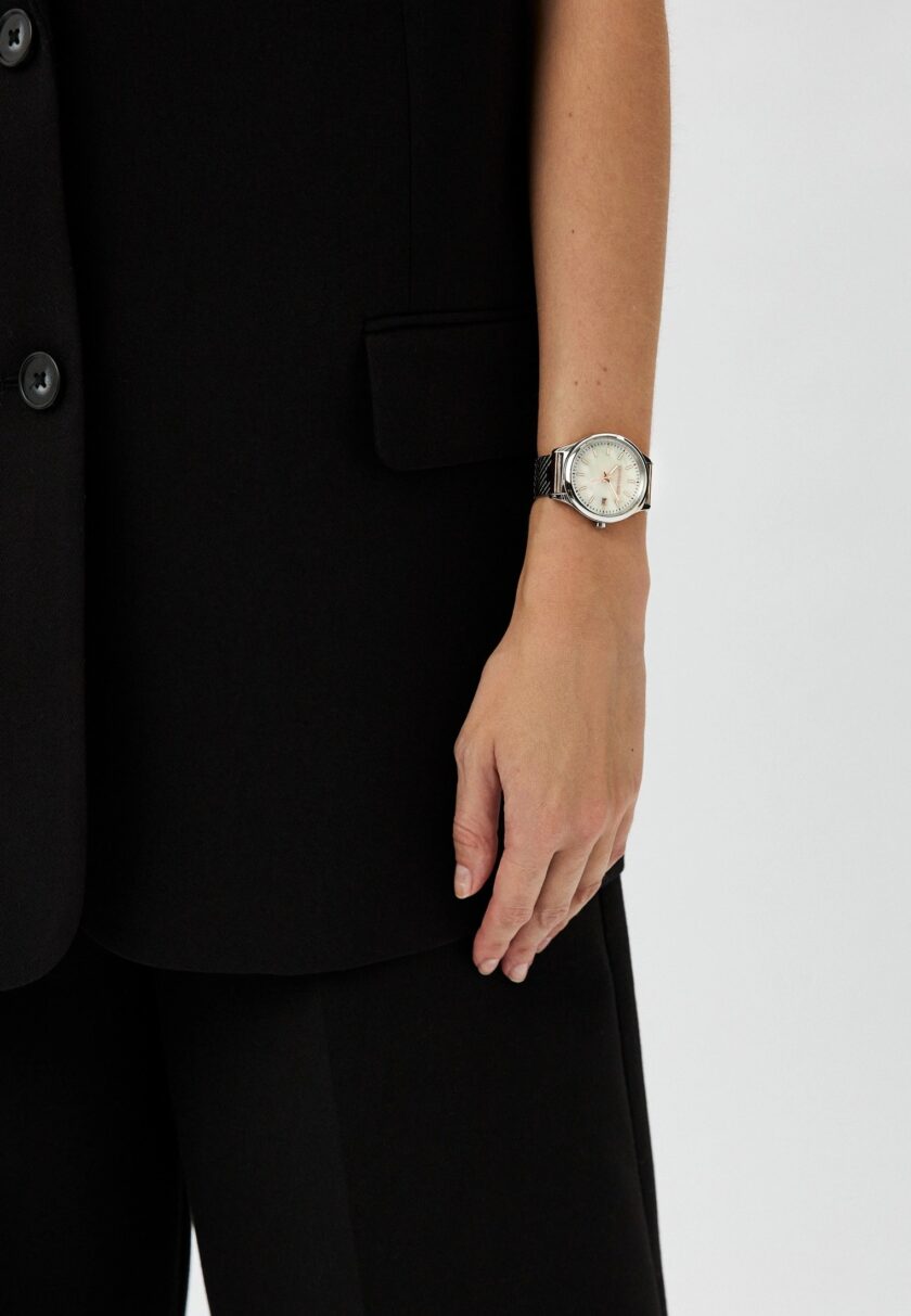 montre femme city life quartz miyota acier inoxydable argenté/rose doré, bracelet milanais, etanche 50 mètres, cadran blanc, 35 mm r2453170505