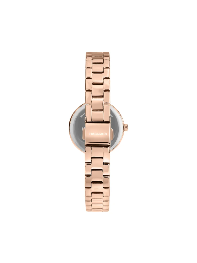 montre femme trussardi loud 30 mm acier inoxydable or rose, verre minéral, bracelet métal, quartz, etanche 50 mètres – réf. r2453164506